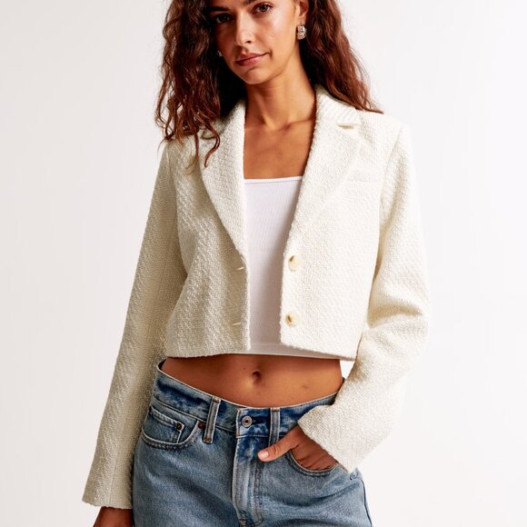 Abercrombie & Fitch Cropped Tweed Blazer Cream Size Small - Picture 3 of 8